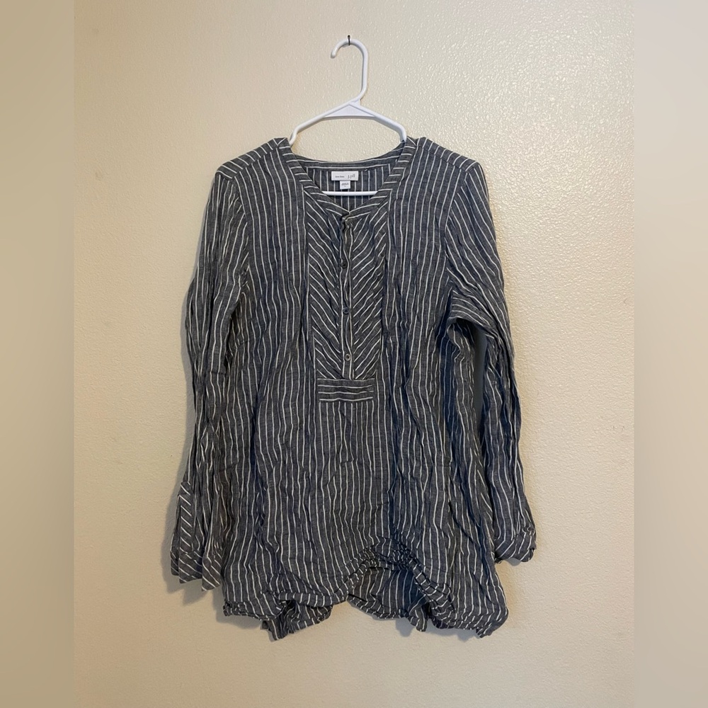 J. Jill Gray and White Striped Linen Top